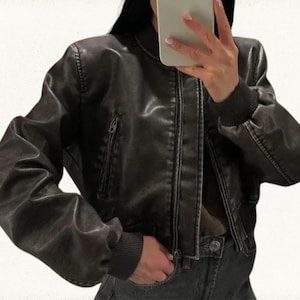 Women&#39;s Distressed Black Genuine Leather Biker Jacket