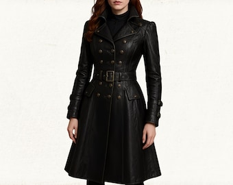 Women's Vintage Medieval style Black Leather Coat: Genuine or Faux Leather Overcoat Women, Mid Length Leather Overcoat