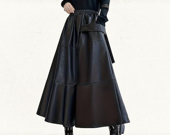 Women's Elegant Elastic Waist Long Genuine Leather Skirt: Custom Size Real Leather Skirt Women