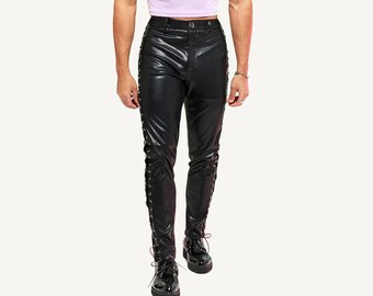 Men's Fetish Black Genuine Leather Pants, Side Lace Up Leather Pants for Men, Leather Cosplay Men