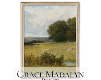 Rustic Meadow Landscape Painting: Vintage Impressionist Art (Digital Download)