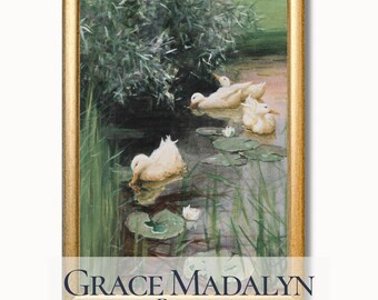 Vintage Duck Pond Watercolor Print | Cottagecore Farmhouse (Digital Download)