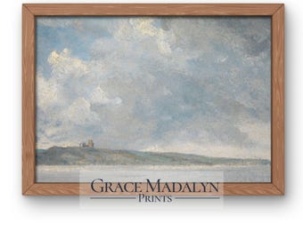 Vintage Coastal Castle Seascape Painting: Moody Sky Wall Art (Digital Download)