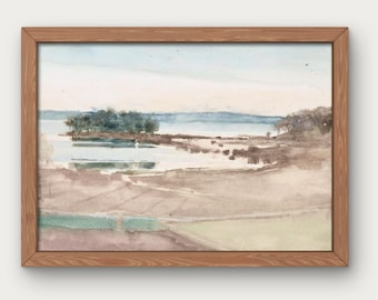 Calm Lake aquarel landschapsprint | Serene Island-muurkunst (digitale download)