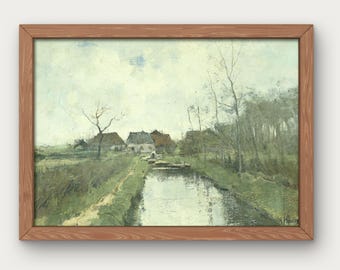Vintage Dutch Canal Print: Rustic Farmhouse Landscape (Digital Download)