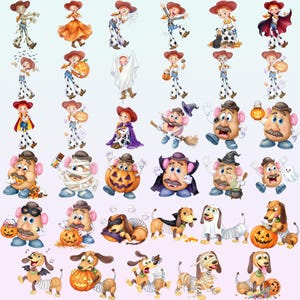 May include: A collection of digital illustrations featuring characters dressed in various Halloween costumes, including cowgirls, potato-shaped figures, and a spring-bodied dog, all depicted with pumpkins, ghosts, and festive accessories.