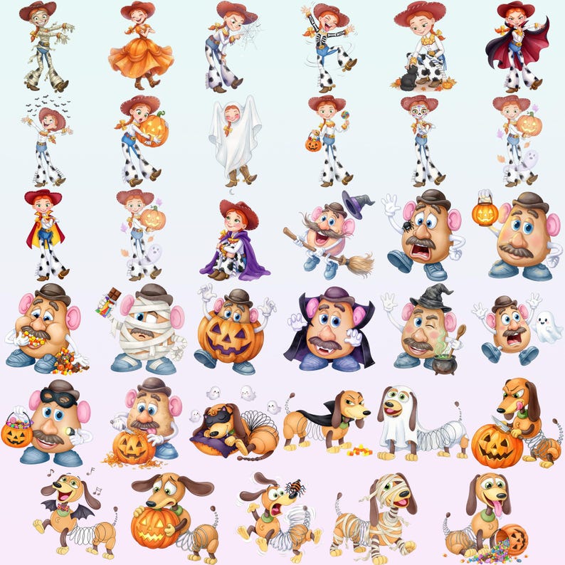 May include: A collection of digital illustrations featuring characters dressed in various Halloween costumes, including cowgirls, potato-shaped figures, and a spring-bodied dog, all depicted with pumpkins, ghosts, and festive accessories.