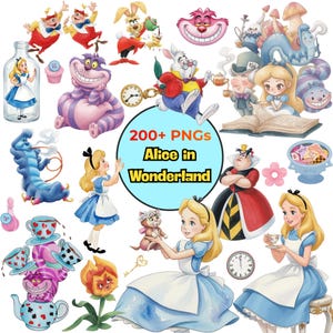 Könnte beinhalten: Eine Sammlung von Alice im Wunderland-Digitalillustrationen mit Alice, der Grinsekatze, dem Weißen Kaninchen, der Herzkönigin und der Raupe. Der blaue Kreis in der Mitte enthält den Text 200+ PNGs Alice in Wonderland.