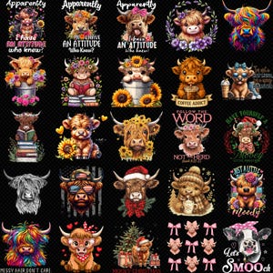 Può includere: Una collezione di illustrazioni di mucche colorate con vari accessori e testo. Alcune mucche indossano occhiali da sole, cappelli e fiocchi. Il testo include "Apparently", "Coffee Addict" e "Mooey Christmas".