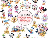 60 Mickey and Friends Watercolor Clipart Bundle PNG, Mickey and Friends Clipart, Baby Mickey Minnie Birthday Party Clipart, Cute Characters