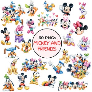 Puede incluir: Una colección de 60 imágenes PNG con Mickey Mouse y sus amigos. Las imágenes incluyen a Mickey, Minnie, Donald Duck, Daisy Duck, Goofy y Pluto en varias poses y expresiones. El texto "Mickey and Friends" es de color rojo.