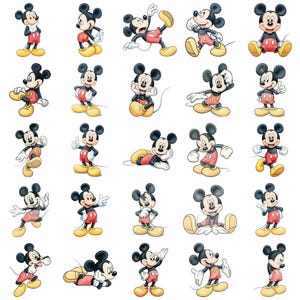 Pode incluir: Uma cole&ccedil;&atilde;o de ilustra&ccedil;&otilde;es do Mickey Mouse em v&aacute;rias poses. Mickey &eacute; retratado em seu traje cl&aacute;ssico: cal&ccedil;&otilde;es vermelhos, sapatos amarelos e luvas brancas. As ilustra&ccedil;&otilde;es mostram Mickey em diferentes a&ccedil;&otilde;es, de p&eacute; a sentado e gesticulando.