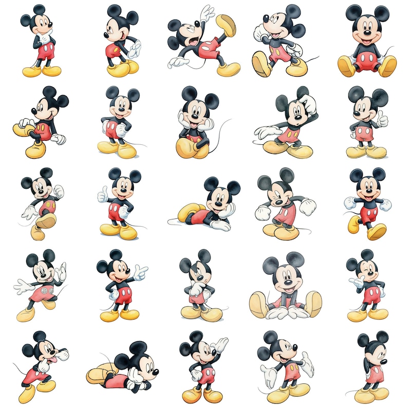 Pode incluir: Uma cole&ccedil;&atilde;o de ilustra&ccedil;&otilde;es do Mickey Mouse em v&aacute;rias poses. Mickey &eacute; retratado em seu traje cl&aacute;ssico: cal&ccedil;&otilde;es vermelhos, sapatos amarelos e luvas brancas. As ilustra&ccedil;&otilde;es mostram Mickey em diferentes a&ccedil;&otilde;es, de p&eacute; a sentado e gesticulando.