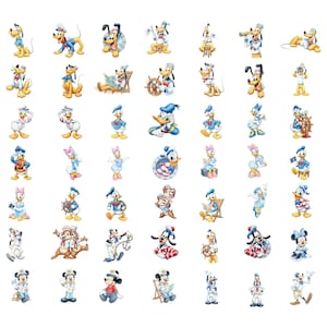 May include: A collection of cartoon character stickers featuring Mickey Mouse, Donald Duck, Pluto, and Daisy Duck in various poses. The characters are dressed in sailor outfits and other nautical-themed attire, with bright colors and detailed illustrations.
