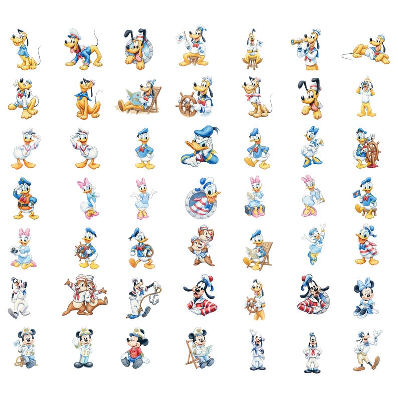May include: A collection of cartoon character stickers featuring Mickey Mouse, Donald Duck, Pluto, and Daisy Duck in various poses. The characters are dressed in sailor outfits and other nautical-themed attire, with bright colors and detailed illustrations.