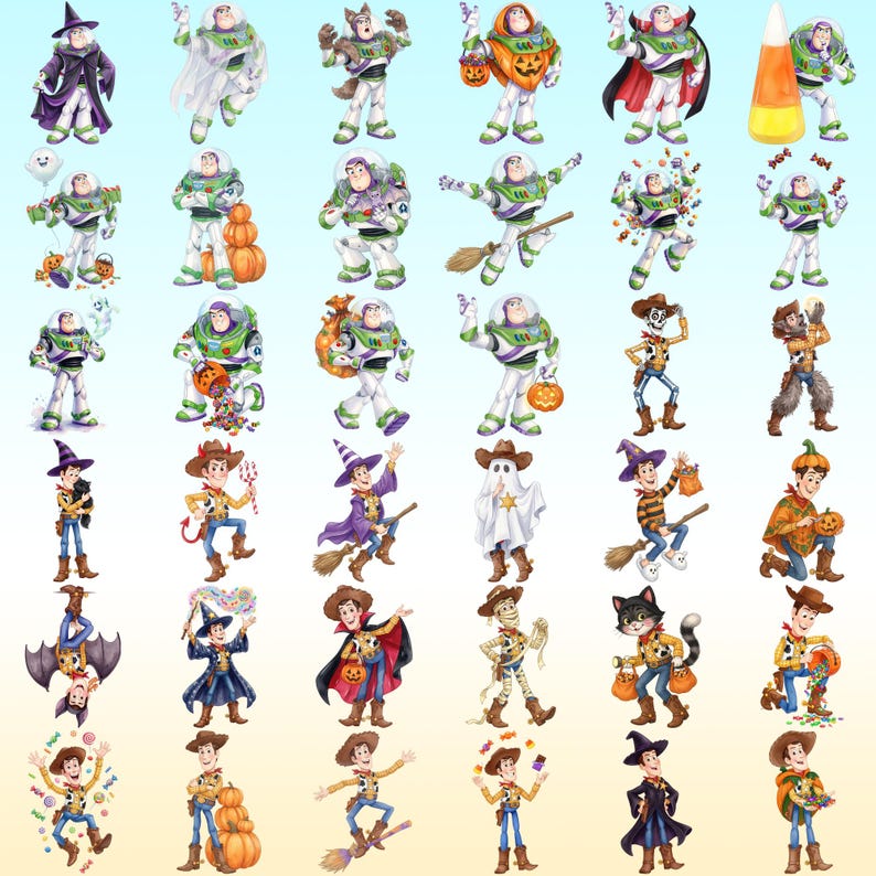 Halloween Toy Story PNG Bundle, Watercolor Spooky Characters Clipart, Woody Buzz Jessie Trick or Treat PNG, Digital Download Pack image 2