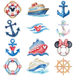 May include: Watercolor illustrations of nautical and cruise-themed elements. Includes anchors, cruise ships, life preservers, and a ship's wheel. The designs feature red, blue, and gold accents, with a cartoon style.