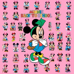 Könnte beinhalten: Ein rosa Hintergrund mit mehreren Bildern von Minnie Mouse in verschiedenen schulbezogenen Posen. Die zentrale Minnie Mouse-Figur trägt eine grüne Schleife, eine blaue Jacke und trägt einen Rucksack. Der Text "MINNIE BACK TO SCHOOL" ist zu sehen.