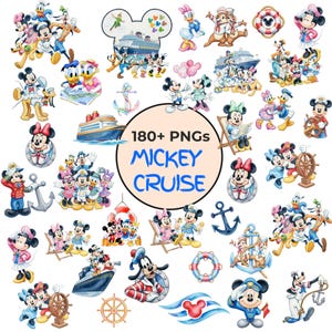 May include: A collection of over 180 PNG images featuring Mickey Mouse and friends on a cruise ship theme. The images include Mickey, Minnie, Donald, Daisy, Goofy, and other characters in various nautical settings, with anchors, life preservers, and cruise ships.