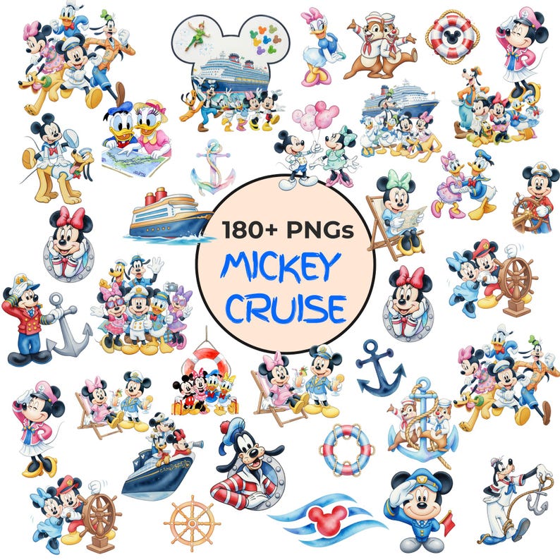 May include: A collection of over 180 PNG images featuring Mickey Mouse and friends on a cruise ship theme. The images include Mickey, Minnie, Donald, Daisy, Goofy, and other characters in various nautical settings, with anchors, life preservers, and cruise ships.