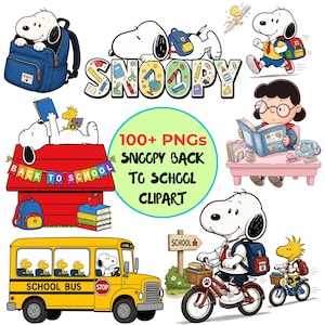 Könnte beinhalten: Eine Sammlung farbenfroher Snoopy- und Woodstock-Schulclipart-Bilder. Enthält Snoopy mit Rucksack, im Schulbus und auf dem Fahrrad. Außerdem ein rotes Hundehütte, Bücher und den Text "Back to School".