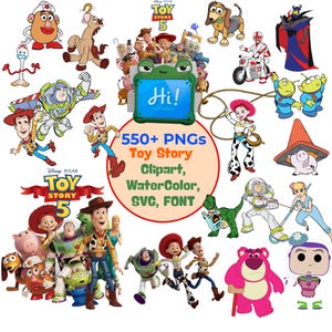 Könnte beinhalten: Eine digitale Sammlung von über 550 Toy Story Charakter-Illustrationen, darunter Woody, Buzz Lightyear, Jessie und andere Figuren. Der zentrale Text lautet 550+ PNGs Toy Story Clipart, WaterColor, SVG, FONT, mit einem grünen Tablet, das Hi! Let's play! anzeigt.