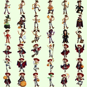 May include: A collection of thirty-six digital illustrations featuring Woody and Jessie from Toy Story in various Halloween costumes, including vampires, witches, ghosts, and skeletons, each holding pumpkins, candy, or magical accessories.