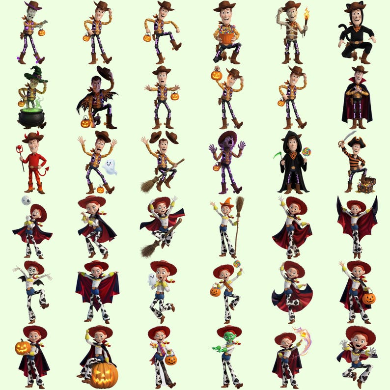 May include: A collection of thirty-six digital illustrations featuring Woody and Jessie from Toy Story in various Halloween costumes, including vampires, witches, ghosts, and skeletons, each holding pumpkins, candy, or magical accessories.