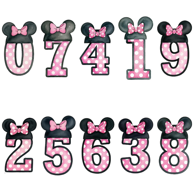 May include: A collection of ten number cutouts, each featuring a black mouse ear design with a pink bow. The numbers are pink with white polka dots. The numbers are 0, 7, 4, 1, 9, 2, 5, 6, 3, and 8.