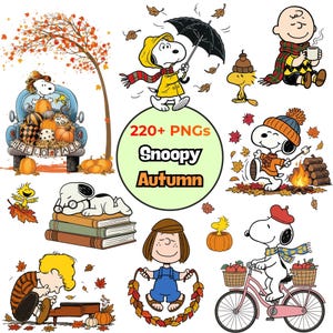 Könnte beinhalten: Eine Sammlung von Snoopy und Peanuts Charakter-Illustrationen mit Herbstmotiven, darunter Snoopy mit Kürbissen, einem Fahrrad, einem Regenschirm und Büchern, sowie der Text 220+ PNGs Snoopy Autumn in einem zentralen Kreis.
