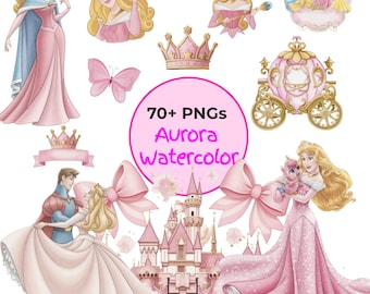 Sleeping Beauty Aurora Watercolor PNG Bundle, Princess Aurora Clipart, Pink Castle, Crown, Carriage, Fairy Tale PNG