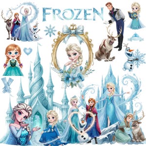 Könnte beinhalten: Eine Sammlung von Illustrationen mit Charakteren und Elementen aus dem Animationsfilm "Die Eiskönigin". Die Bilder zeigen Elsa, Anna, Olaf, Kristoff und Sven sowie Eisburgen, Schneeflocken und das Wort "Frozen".