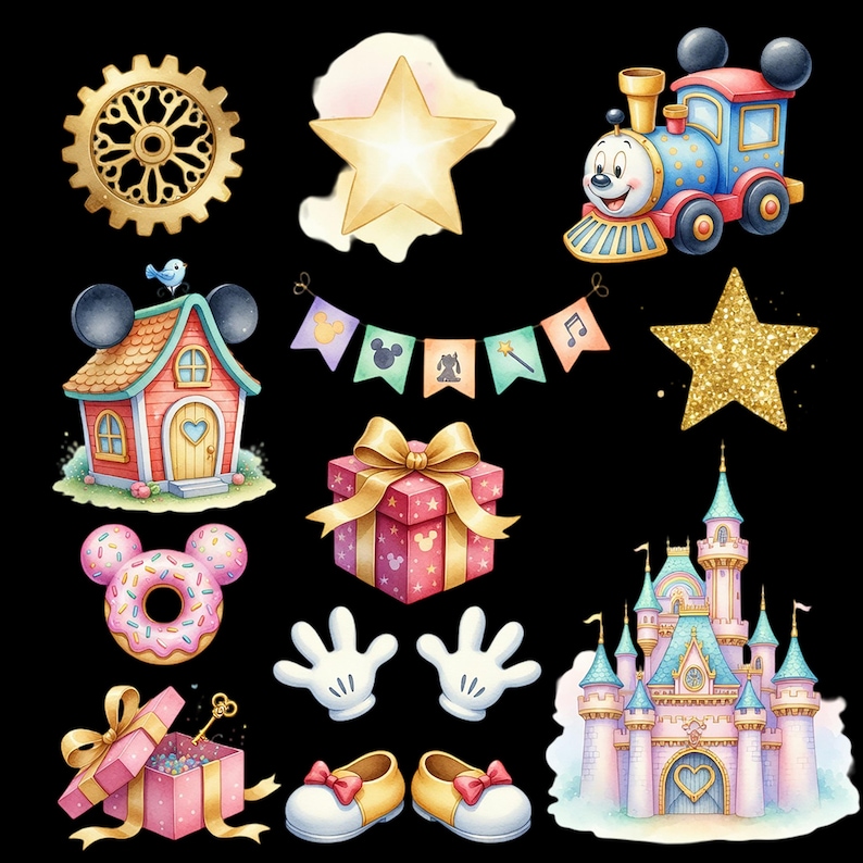 Pode incluir: Uma cole&ccedil;&atilde;o de ilustra&ccedil;&otilde;es em aquarela com um comboio do Mickey Mouse, um castelo, uma casa com orelhas do Mickey Mouse, uma estrela, uma caixa de presente, um donut, luvas, sapatos e uma faixa com &iacute;cones do Mickey Mouse em fundo preto.