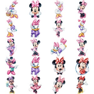Op de afbeelding: Een verzameling van twintig individuele karakterillustraties met Minnie Mouse en Daisy Duck in verschillende houdingen en outfits, waaronder roze jurken met stippen, paarse jurken en accessoires zoals een zonnebril en een mandje.