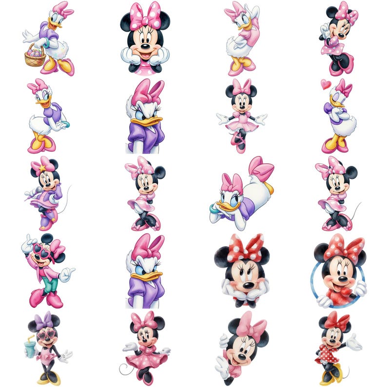 Op de afbeelding: Een verzameling van twintig individuele karakterillustraties met Minnie Mouse en Daisy Duck in verschillende houdingen en outfits, waaronder roze jurken met stippen, paarse jurken en accessoires zoals een zonnebril en een mandje.