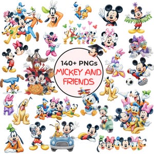 May include: A collection of digital illustrations featuring Mickey Mouse and friends, including Donald Duck, Goofy, Pluto, Minnie Mouse, and Daisy Duck in various poses, with a central circular badge displaying the text 140+ PNGs MICKEY AND FRIENDS.