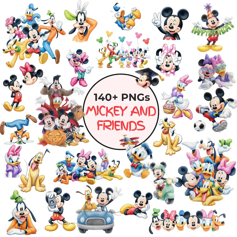 Op de afbeelding: Een verzameling digitale illustraties met Mickey Mouse en vrienden, waaronder Donald Duck, Goofy, Pluto, Minnie Mouse en Daisy Duck in diverse houdingen, met een centrale ronde badge met de tekst 140+ PNGs MICKEY AND FRIENDS.