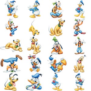 Op de afbeelding: Een verzameling van twintig individuele illustraties met klassieke stripfiguren, waaronder een witte eend in een blauw matrozenpak, een lange hond met een groene hoed en oranje trui, en een gele hond met een groene halsband in diverse houdingen.