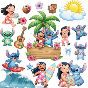 100+ Lilo och Stitch Clipart PNG-paket, Disney Lilo och Stitch akvarellset, tropiska sommar Hawaii-karaktärer, söta Stitch PNG-nedladdningar