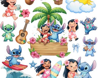 100+ Lilo and Stitch Clipart PNG Bundle, Disney Lilo Stitch Watercolor Set, Tropical Summer Hawaii Characters, Cute Stitch PNG Download