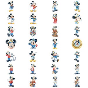 May include: A collection of Mickey Mouse illustrations in various sailor and nautical-themed outfits. Mickey is depicted in different poses, wearing sailor hats, jackets, and holding nautical items like anchors and steering wheels. The illustrations feature a vibrant color palette.