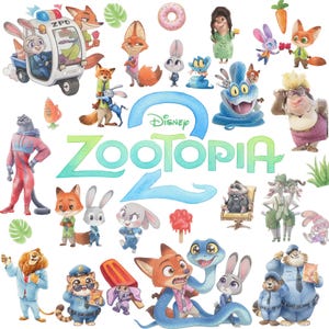 Könnte beinhalten: Aquarellillustrationen von Charakteren aus dem Disney-Film Zootopia. Das Bild zeigt verschiedene anthropomorphe Tiere, darunter Füchse und Kaninchen, in leuchtenden Farben. Das Zootopia-Logo ist prominent in der Mitte zu sehen, mit dem Disney-Logo darüber.