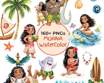 160+ Moana Watercolor Clipart Bundle PNG, Moana Clipart, Ocean Tropical Birthday Party Clipart, Cute Moana Characters PNG