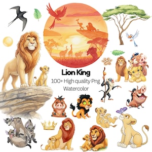 Könnte beinhalten: Aquarellillustrationen mit Charakteren aus Der König der Löwen, darunter Simba, Mufasa, Timon, Pumbaa und Scar. Das Bild enthält eine Sonnenuntergangsszene, einen Baum und andere Elemente aus dem Film. Der Text lautet "Lion King 100+ High quality Png Watercolor."