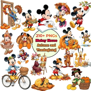 Könnte beinhalten: Eine Sammlung digitaler Illustrationen mit Mickey Maus, Minnie Maus, Donald Duck, Daisy Duck und Pluto in Herbst- und Thanksgiving-Motiven. Der zentrale Text lautet 210+ PNGs Mickey Mouse Autumn and Thanksgiving. Die Figuren sind mit Kürbissen, Herbstblättern, Kuchen und saisonaler Kleidung dargestellt.