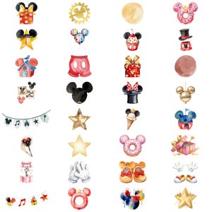 Pode incluir: Ilustra&ccedil;&otilde;es em aquarela de itens com tema Mickey Mouse. Inclui uma caixa de presente, uma estrela, uma casa, cal&ccedil;&otilde;es e uma cabe&ccedil;a do Mickey Mouse. Outros itens incluem um cupcake, um donut, um sorvete e sapatos. A paleta de cores &eacute; vermelha, amarela, preta e branca.