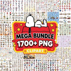 Könnte beinhalten: Eine digitale Sammlung von über 1700 Snoopy-Charakter-PNG-Clipart-Dateien mit verschiedenen Themen und Posen. Die zentrale Grafik zeigt einen weißen Snoopy-Hund, der auf einer roten Hundehütte liegt, mit dem Text MEGA BUNDLE 1700+ PNG CLIPART.