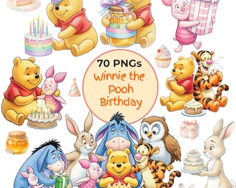 70+ PNG Winnie the Pooh Birthday Clipart Bundle, Watercolor Pooh and Friends PNG, Baby Shower Party Decor Digital Download