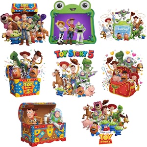 May include: A collection of Toy Story 5 graphic illustrations featuring characters like Woody, Buzz Lightyear, Jessie, and Rex. The images include various scenes with toy chests, a frog-shaped frame, and the Toy Story 5 logo in colorful text.