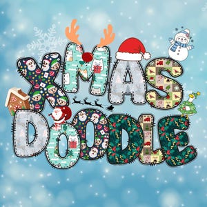 Könnte beinhalten: Festliche Grafik mit den Worten "XMAS DOODLE" in bunten Buchstaben im Patchwork-Stil. Die Buchstaben sind mit Weihnachtsmustern verziert, darunter Weihnachtsmann-Gesichter, Katzen und festliches Laub. Ein Schneemann, Rentiergeweih und eine Weihnachtsmütze tragen zur festlichen Stimmung bei.